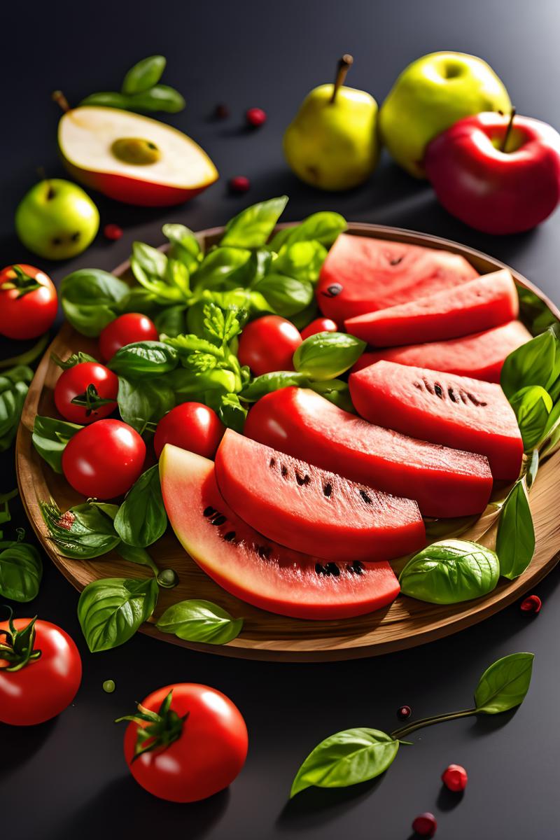 391187-553201828-_lora_meishi_0.9_,no humans,food,food focus,blurry,still life,vegetable,plate,depth of field,leaf,realistic,fruit,tomatoes, pear.png